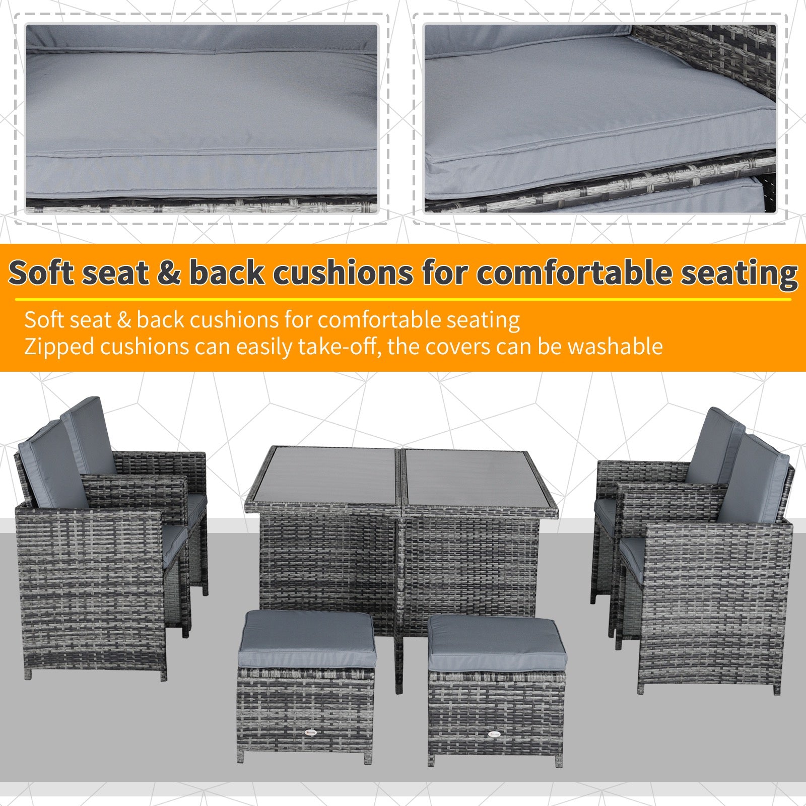 8-seater rattan dining set with grey woven rattan cushions, garden furniture by Urhomesupplies, ideal for outdoor dining and gatherings.