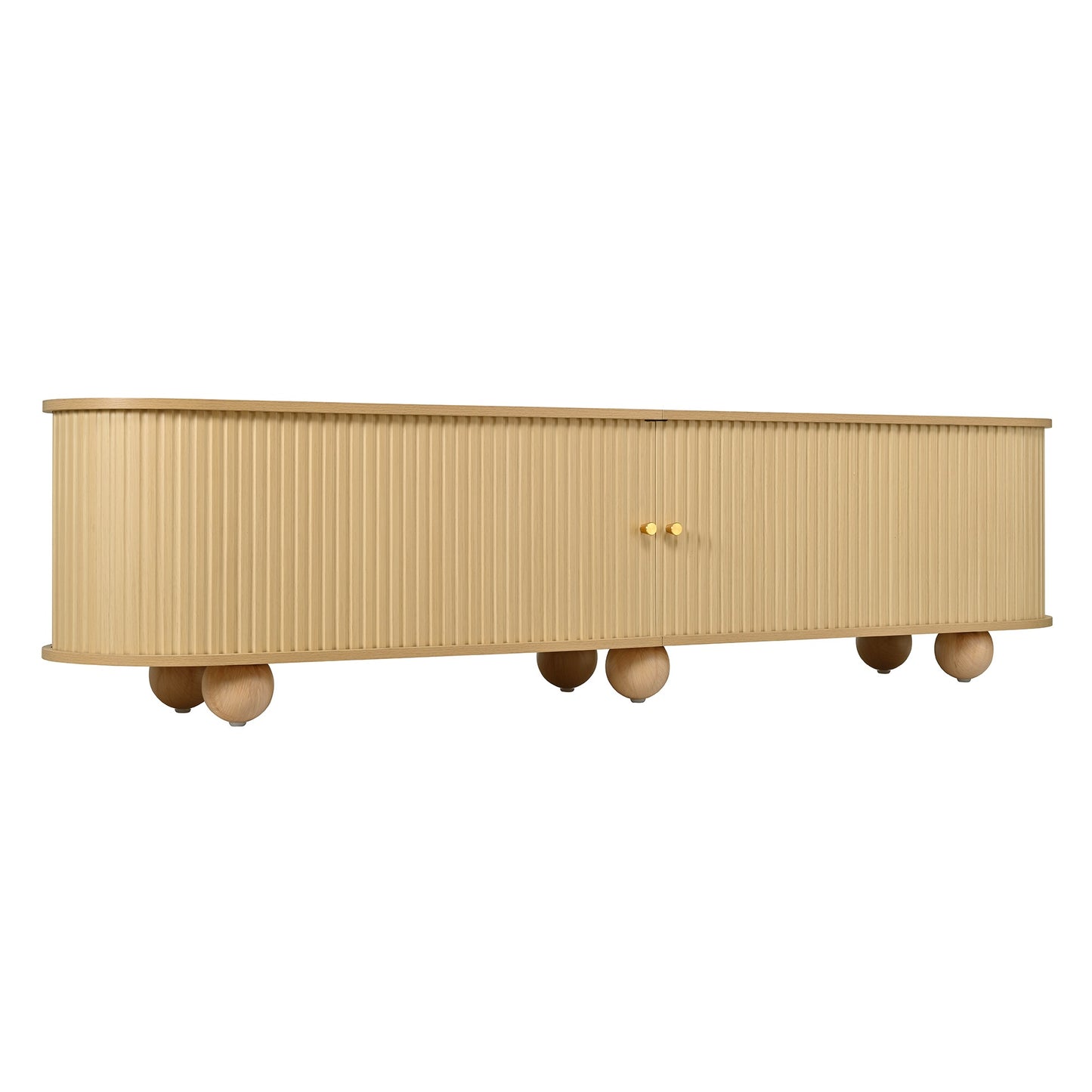 Urhomesupplies CurvesTV Lowboard with sliding doors, retro TV cabinet in living room with vertical fluted doors and ball feet