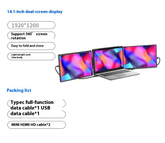 UrHomeSupplies Flex View 14.1-inch dual-screen portable monitor with sleek design and vibrant display, ideal for multitasking.