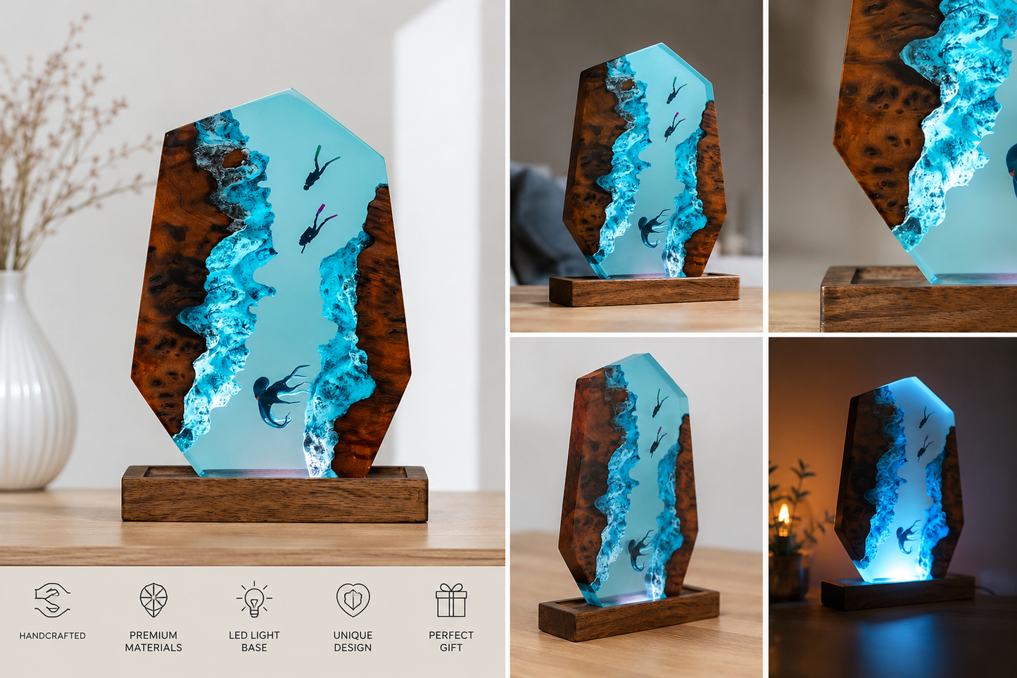 Resin small night lamp featuring a 3D diver octopus design, handmade epoxy craft for decorative lighting by UrHomeSupplies