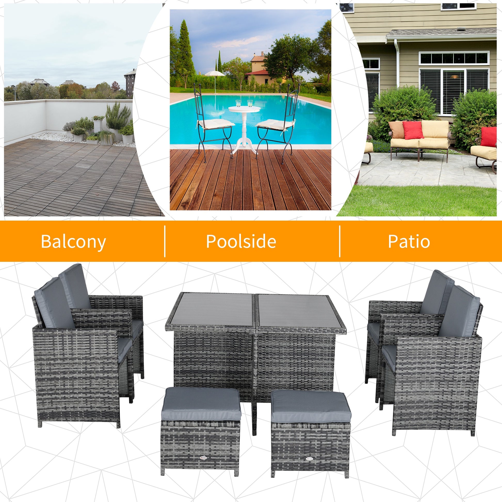 Gray 8-seater rattan dining set with woven rattan cushions and sturdy table, ideal for garden outdoor furniture setup.